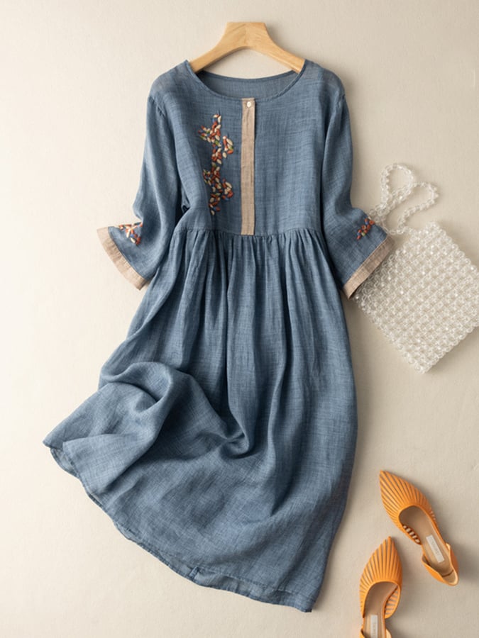 Tavish Women's Dress – Embroidered Cotton-Linen Dress with Ethnic-Inspired Design and Easy Fit