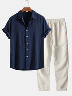 Thalassa Men's Summer Two-Piece Set – Breathable Linen-Feel Style with Short-Sleeve Design & Easy-Fit Trousers