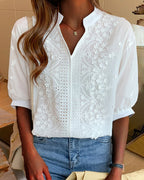 Kester Women's Blouse – V-Neckline Top with Puff Sleeves, Cotton-Blend Fabric & Patchwork Accents