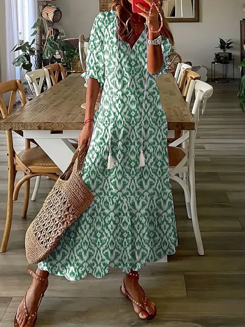 Corvin Women's Boho Dress – Refined Ruffled Summer Dress with V-Neckline & Ikat Print