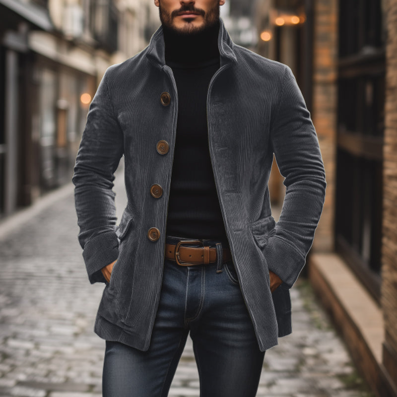 Valdemar Men's Corduroy Coat – Fitted Silhouette with Mandarin Collar & Sophisticated Side Slip Pockets