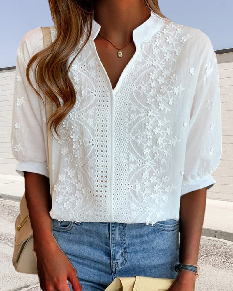 Kester Women's Blouse – V-Neckline Top with Puff Sleeves, Cotton-Blend Fabric & Patchwork Accents
