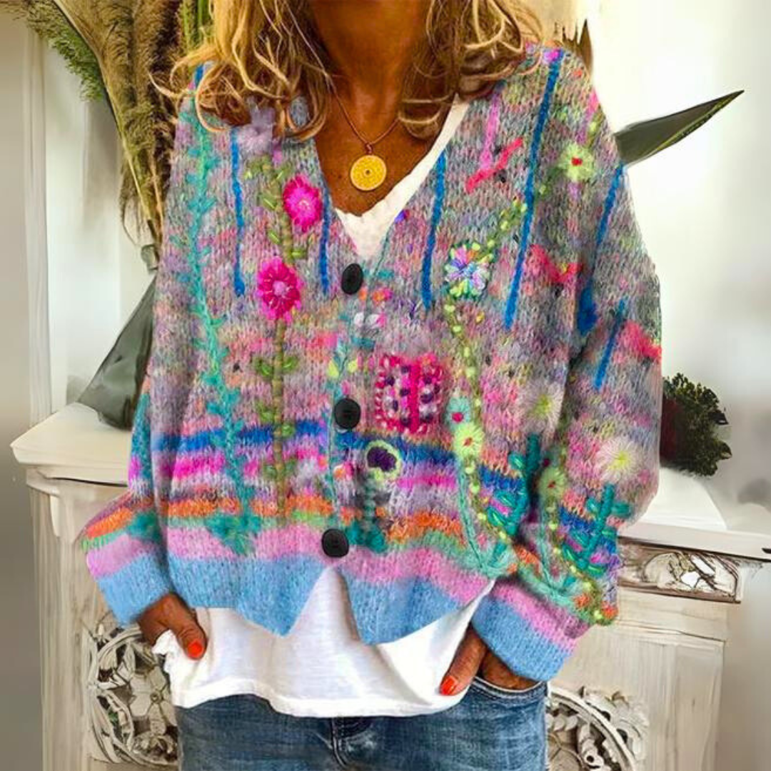 Gwenna Bohemian Cardigan – Multicolor Cardigan with Floral Embroidery and a Loose, Easy Fit