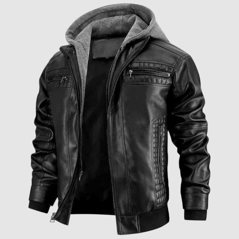 Leofric Men's Leather Jacket – Retro Biker Style with Hood & Zip Closure