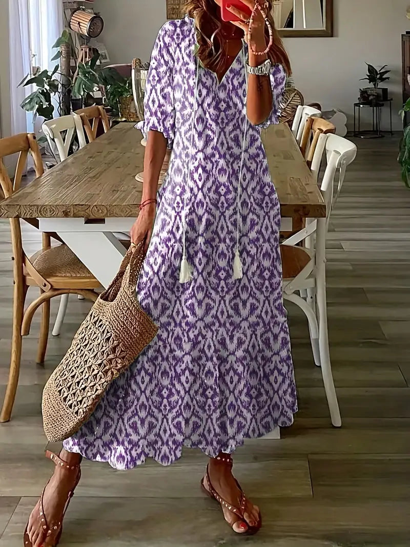 Corvin Women's Boho Dress – Refined Ruffled Summer Dress with V-Neckline & Ikat Print
