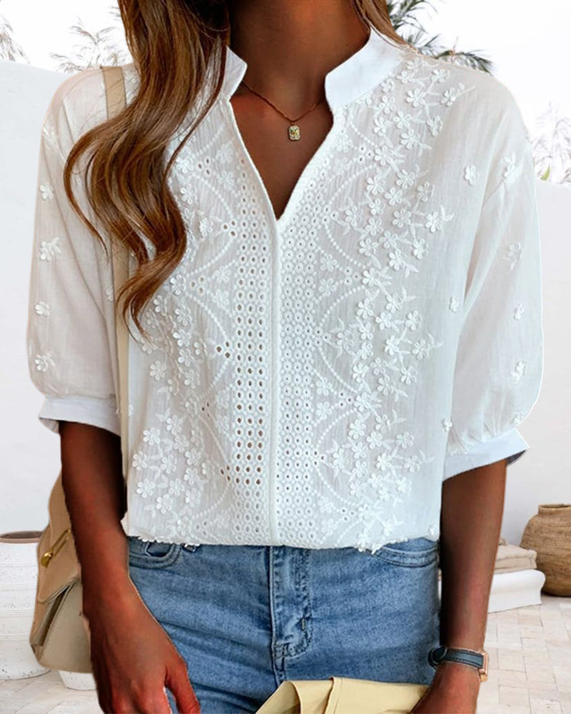Kester Women's Blouse – V-Neckline Top with Puff Sleeves, Cotton-Blend Fabric & Patchwork Accents