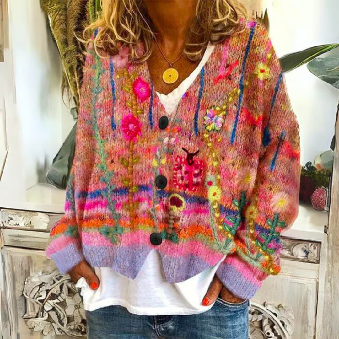 Gwenna Bohemian Cardigan – Multicolor Cardigan with Floral Embroidery and a Loose, Easy Fit