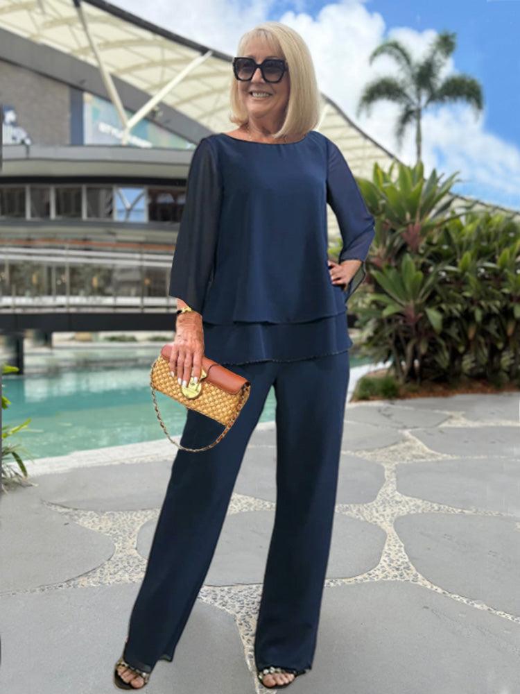 Florentine Women's Two-Piece Set – Sophisticated 3/4-Sleeve Top & Cozy Pants for Every Occasion