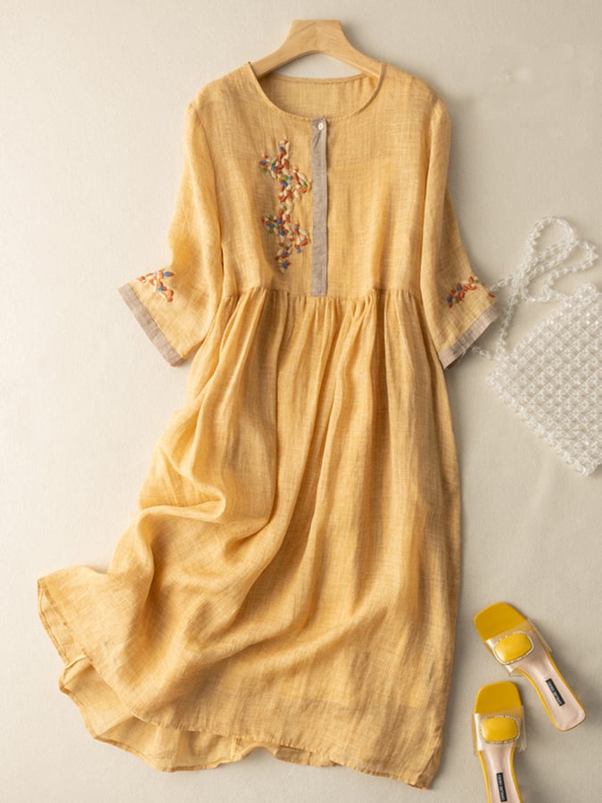Tavish Women's Dress – Embroidered Cotton-Linen Dress with Ethnic-Inspired Design and Easy Fit