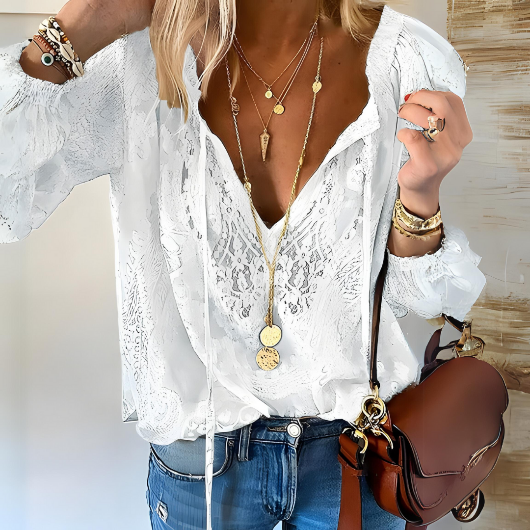Alessio Women's Blouse – Sophisticated Lace Blouse with Bow & Sheer Details