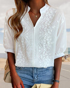 Kester Women's Blouse – V-Neckline Top with Puff Sleeves, Cotton-Blend Fabric & Patchwork Accents