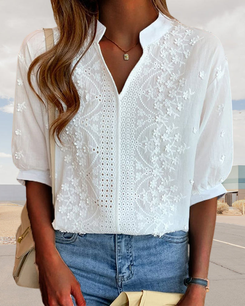 Kester Women's Blouse – V-Neckline Top with Puff Sleeves, Cotton-Blend Fabric & Patchwork Accents