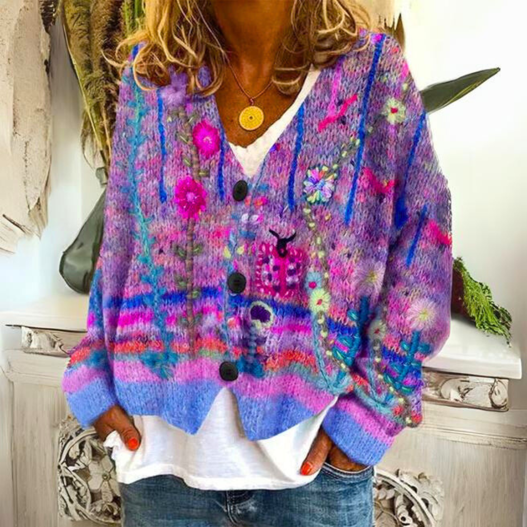 Gwenna Bohemian Cardigan – Multicolor Cardigan with Floral Embroidery and a Loose, Easy Fit