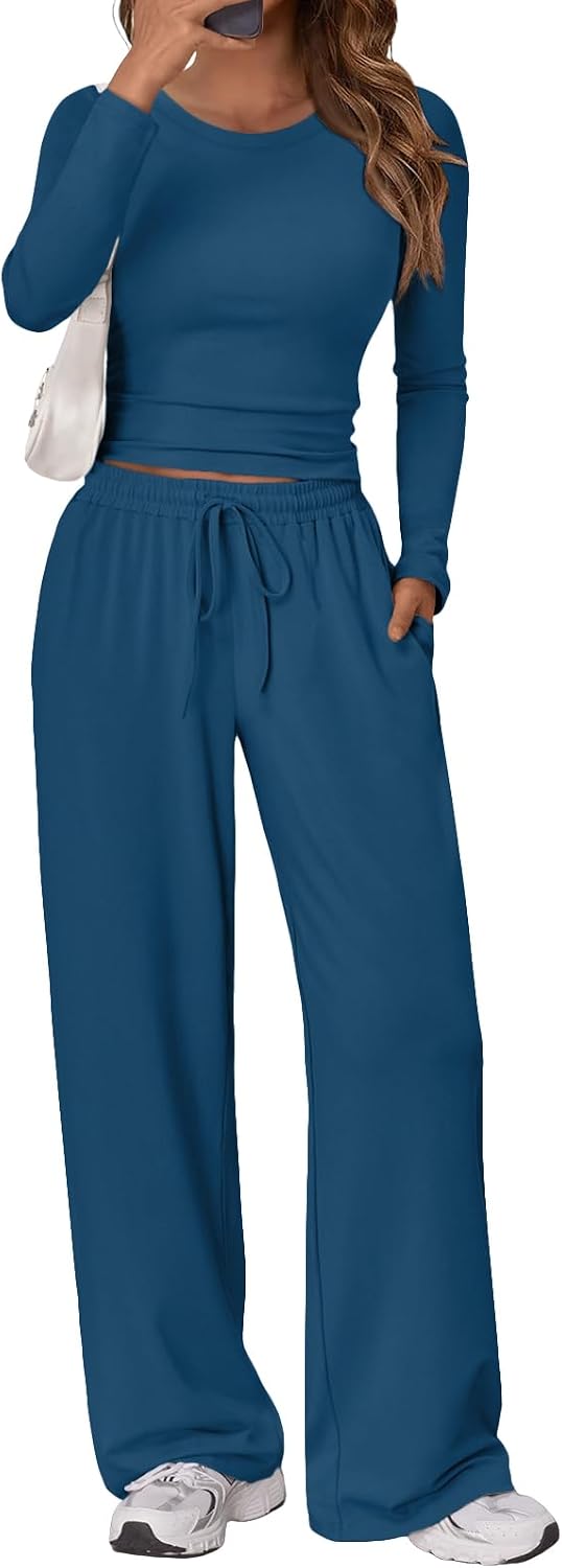 Renata Women's Two-Piece Lounge Set – Ruched Long-Sleeve Top & Wide-Leg Pants