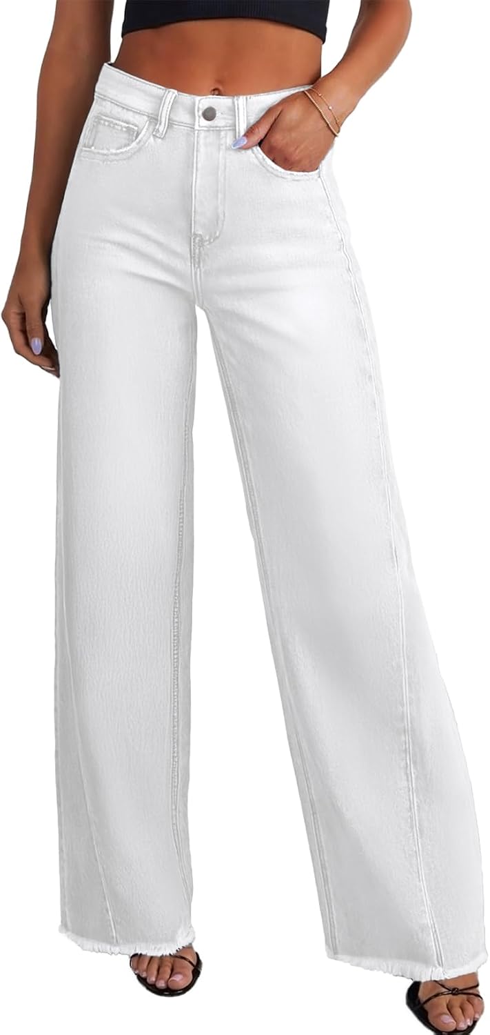 Orabelle Women's Wide-Leg Jeans – High-Rise Waist, Raw Hem & Five-Pocket Design