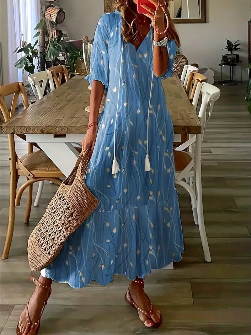 Corvin Women's Boho Dress – Refined Ruffled Summer Dress with V-Neckline & Ikat Print