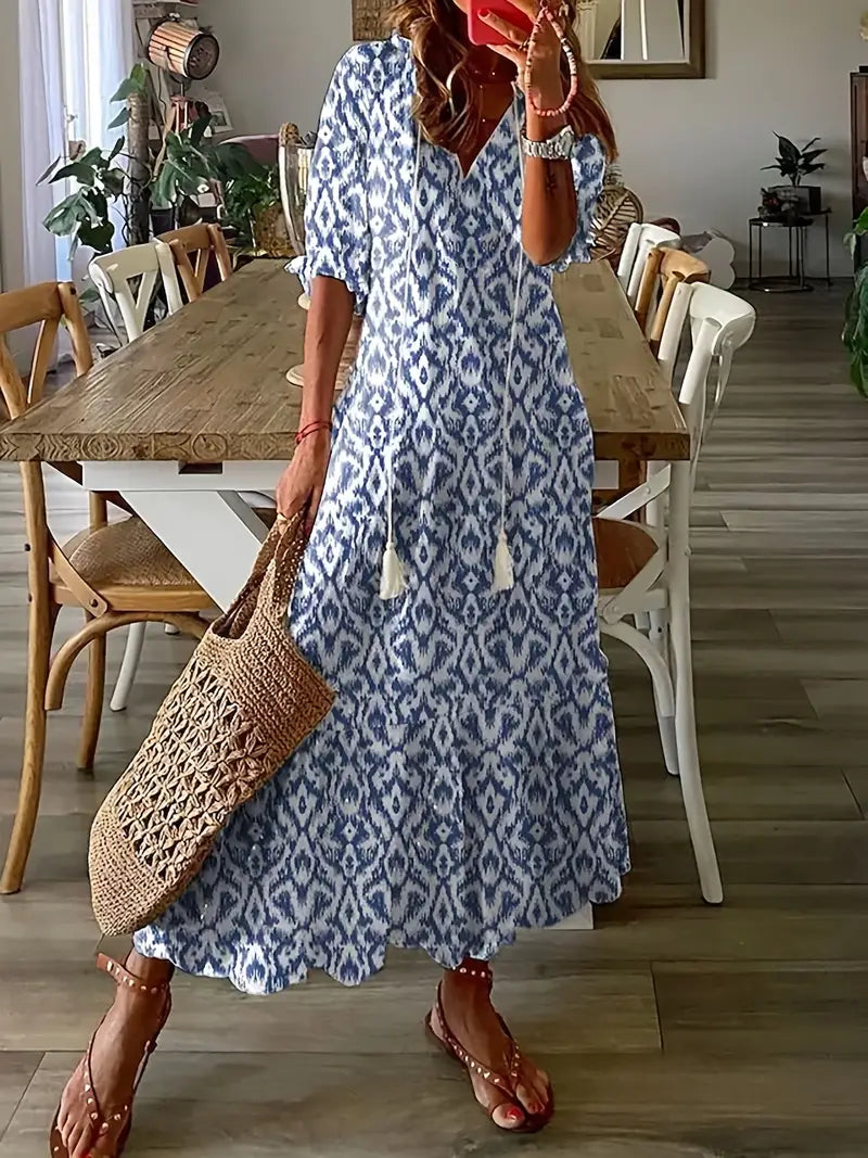 Corvin Women's Boho Dress – Refined Ruffled Summer Dress with V-Neckline & Ikat Print