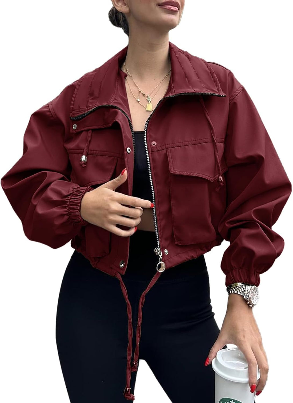 Florence Women's Cropped Utility Jacket – Zip Front Drawstring Waist & Flap Pockets