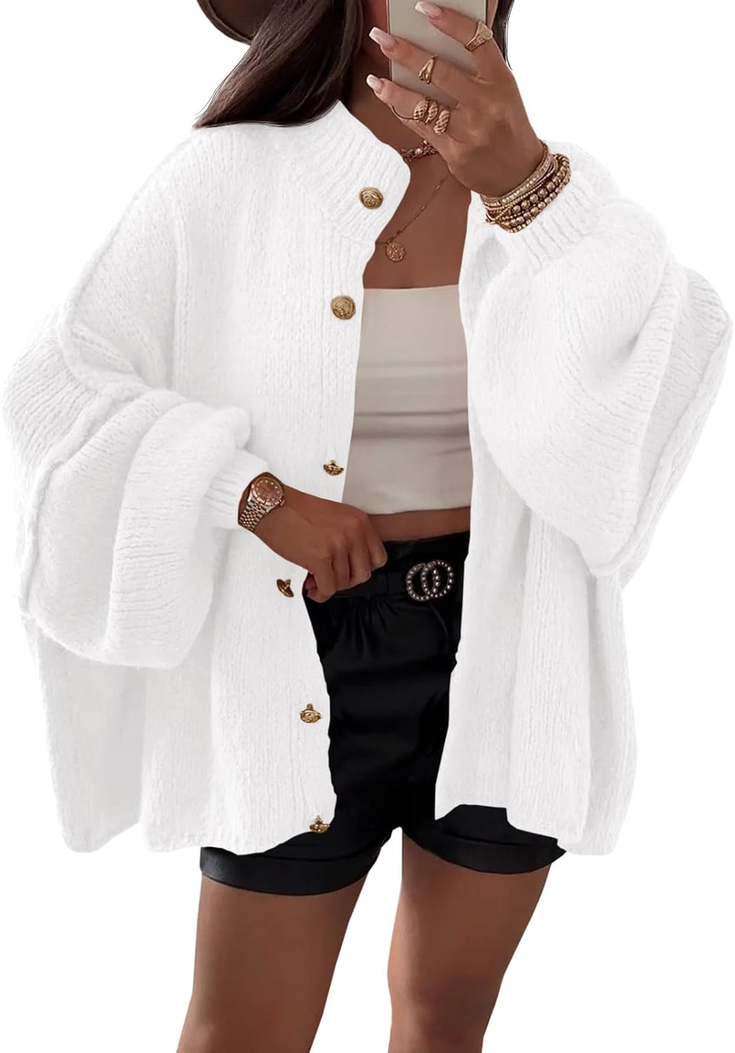 Bexley Women's Oversized Cardigan – Balloon Sleeves, Ribbed Knit Fabric & Button-Up Front