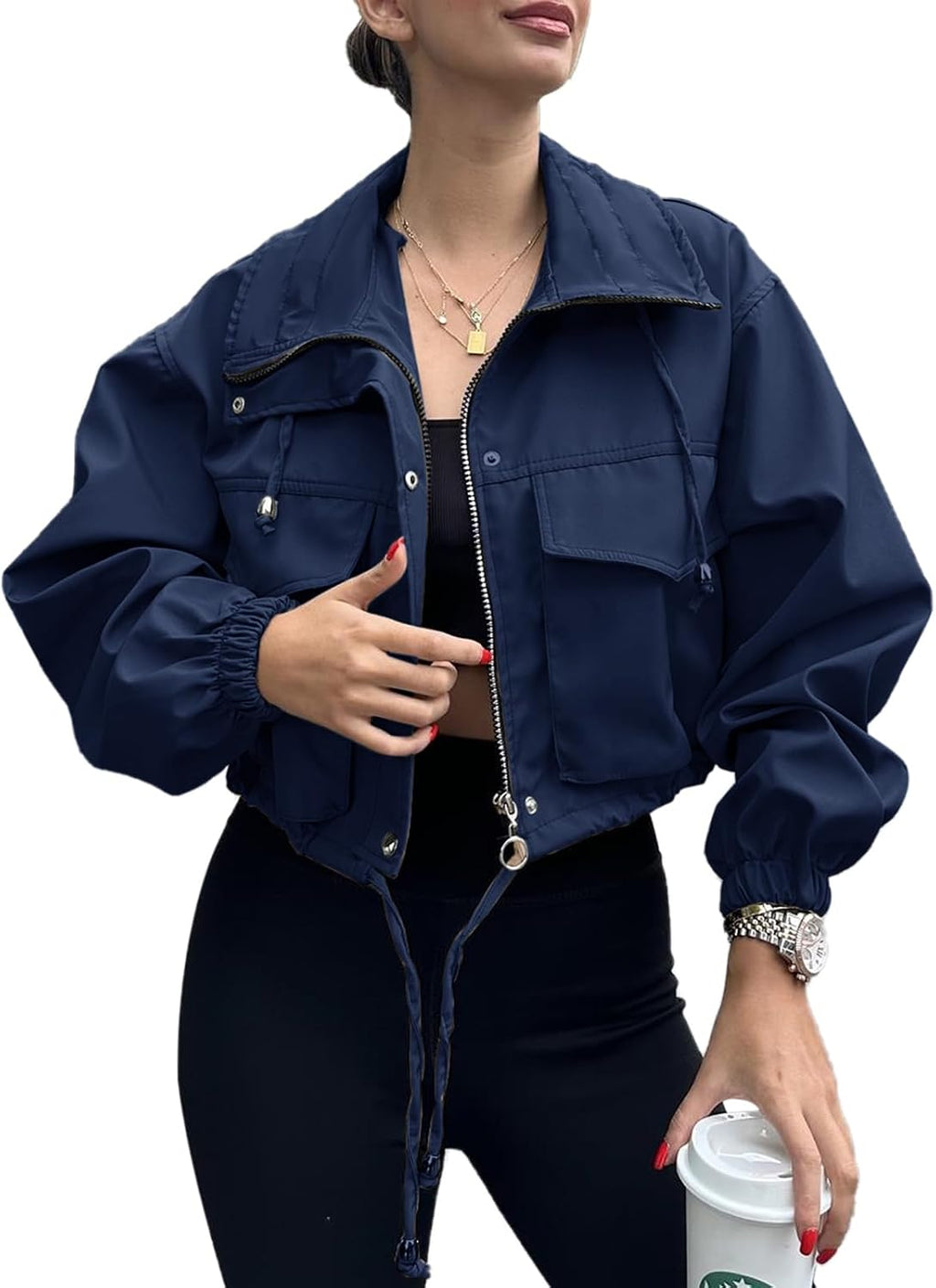 Florence Women's Cropped Utility Jacket – Zip Front Drawstring Waist & Flap Pockets
