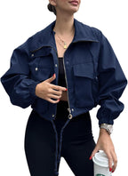 Florence Women's Cropped Utility Jacket – Zip Front Drawstring Waist & Flap Pockets