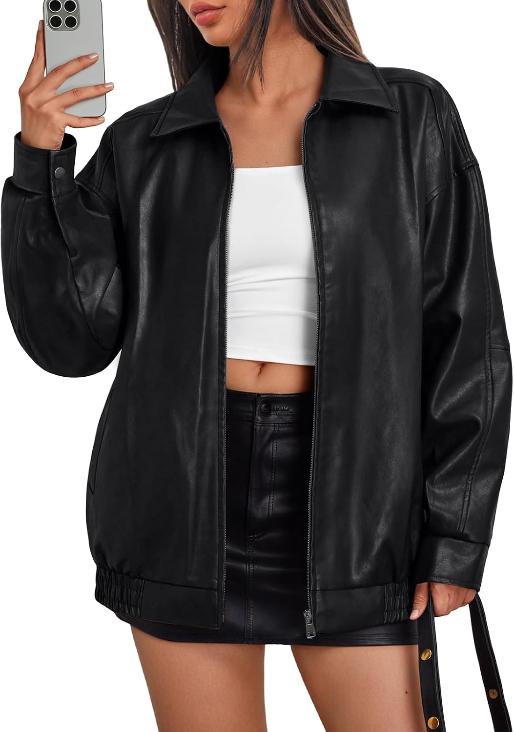 Quinlan Women's Vegan Leather Bomber Jacket – Oversized Boyfriend Fit & Zip-Up Front