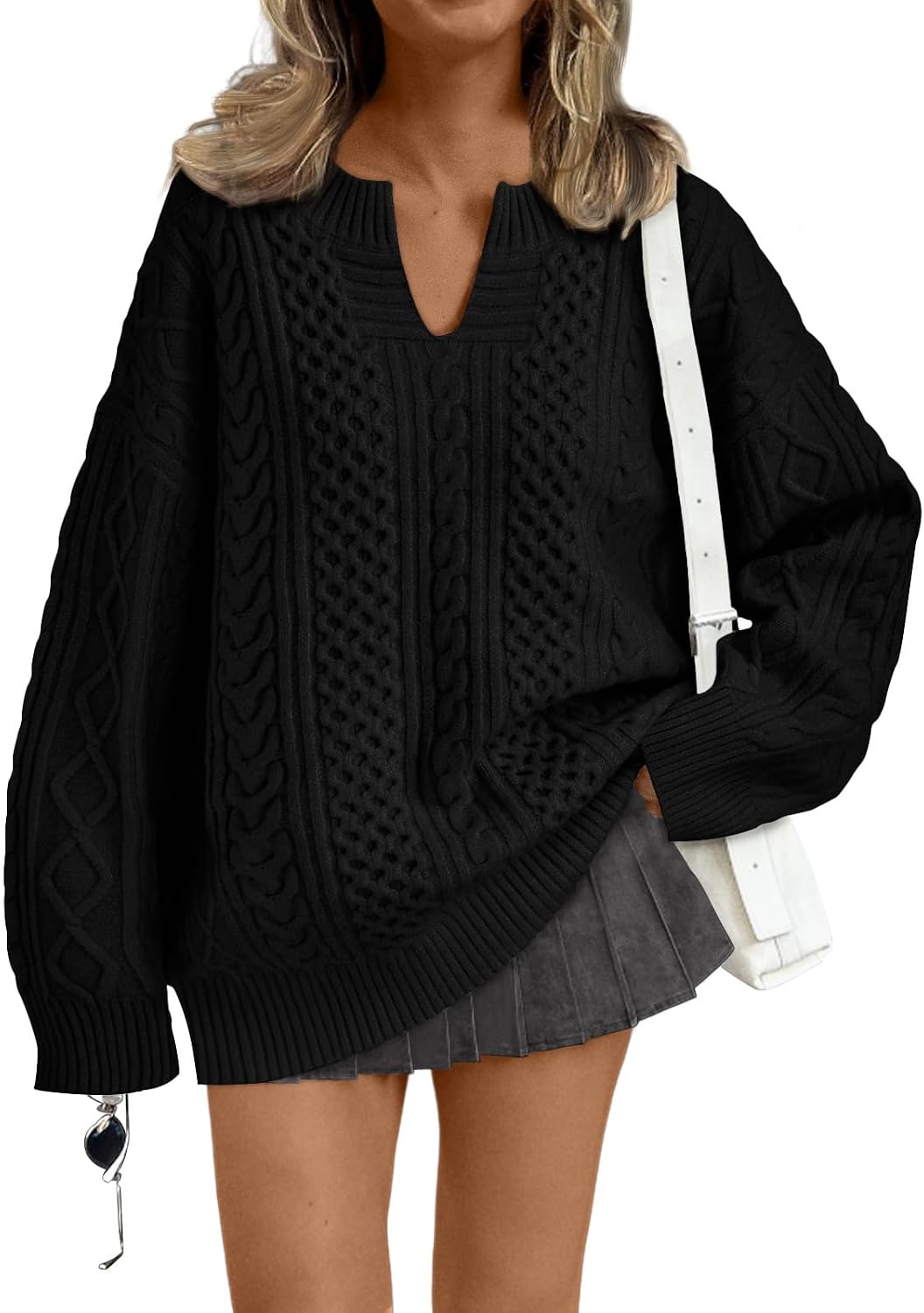 Draycen Women's Cable Knit V-Neckline Sweater – Dropped-Shoulder Design, Ribbed Detailing & Easy Fit