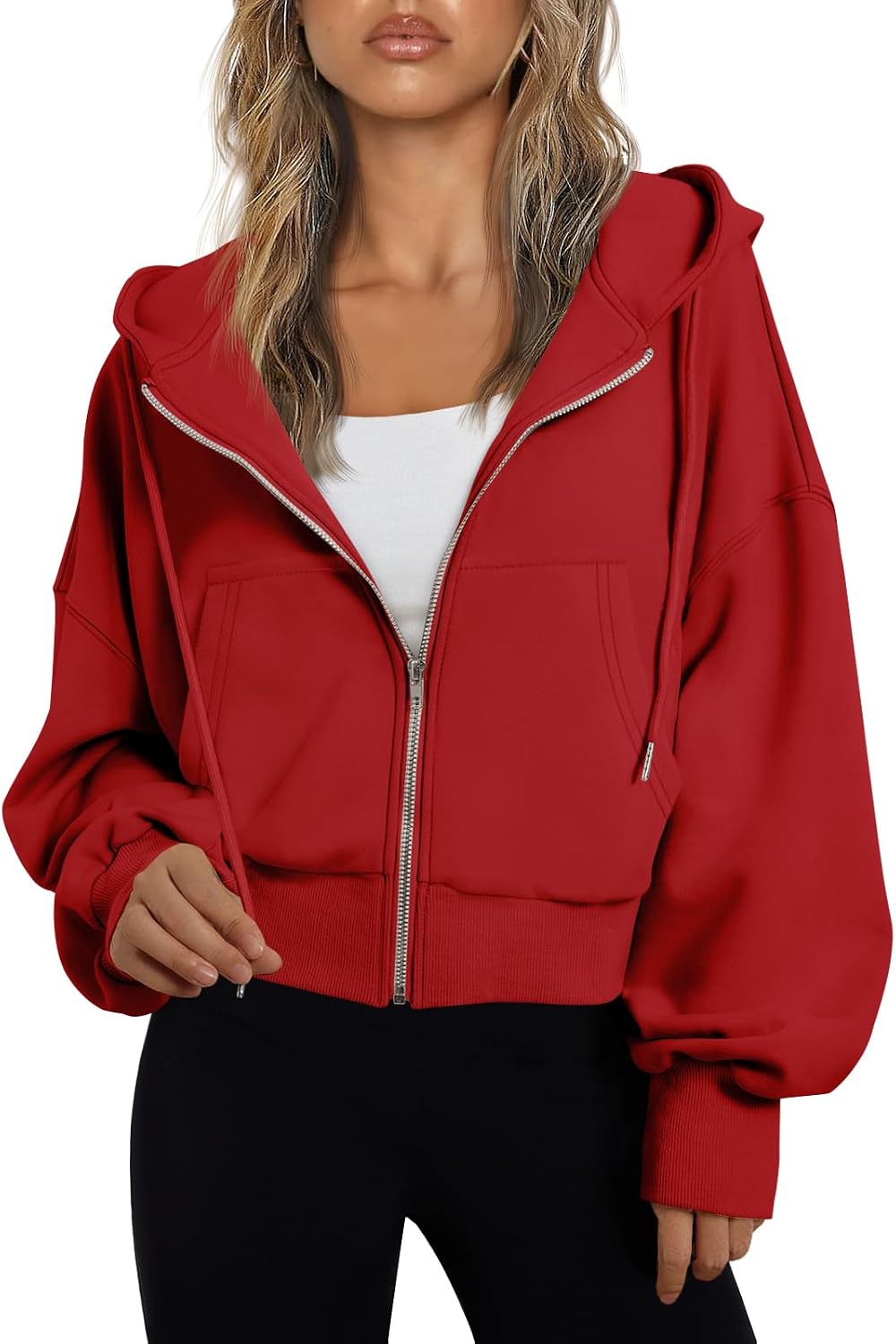 Valko Women's Cropped Zip-Up Hoodie – Dropped-Shoulder Design, Drawstring Hood & Handy Pockets