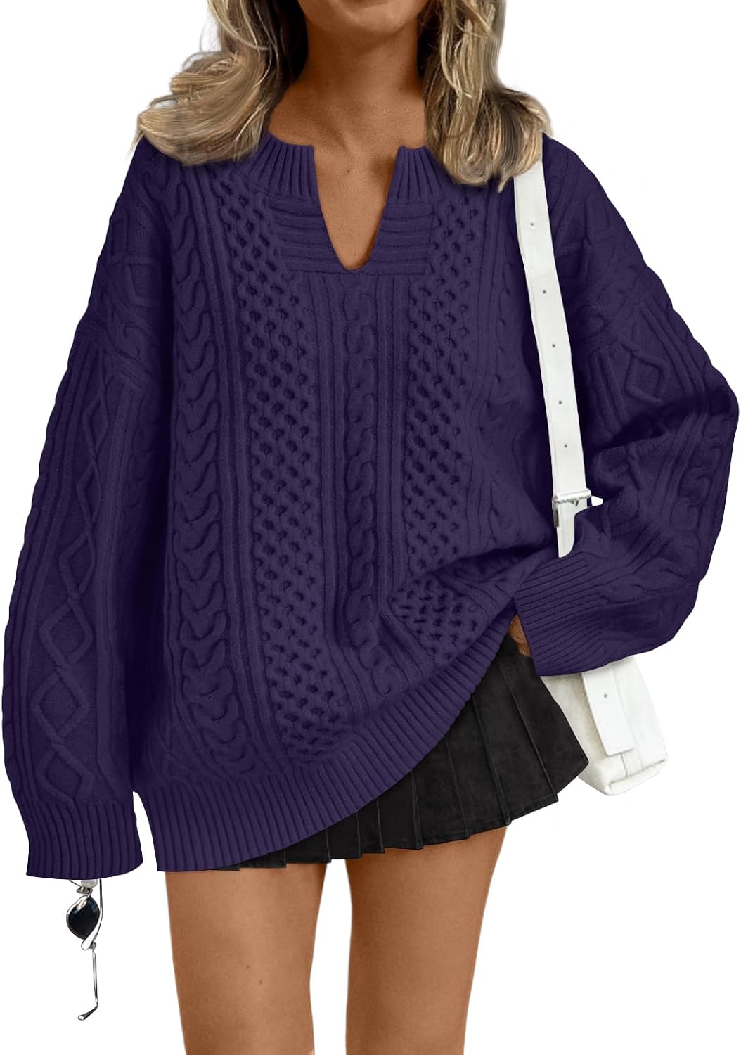 Draycen Women's Cable Knit V-Neckline Sweater – Dropped-Shoulder Design, Ribbed Detailing & Easy Fit