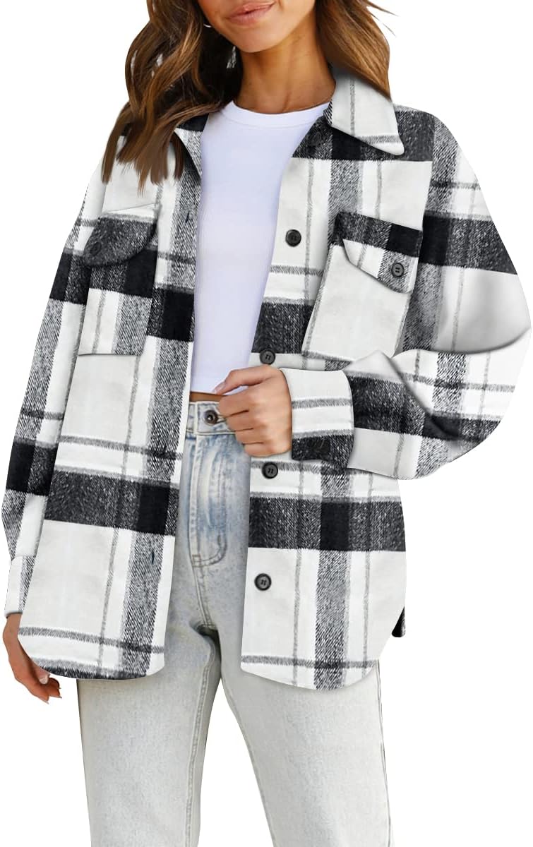 Xerxine Women's Plaid Shacket – Relaxed Silhouette, Button-Up Front & Front Chest Pockets