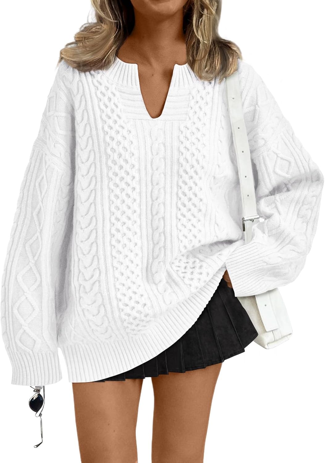 Draycen Women's Cable Knit V-Neckline Sweater – Dropped-Shoulder Design, Ribbed Detailing & Easy Fit