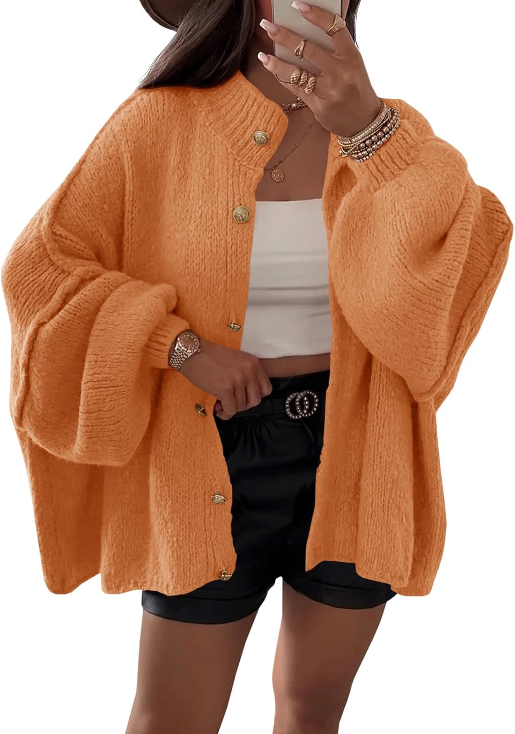 Bexley Women's Oversized Cardigan – Balloon Sleeves, Ribbed Knit Fabric & Button-Up Front