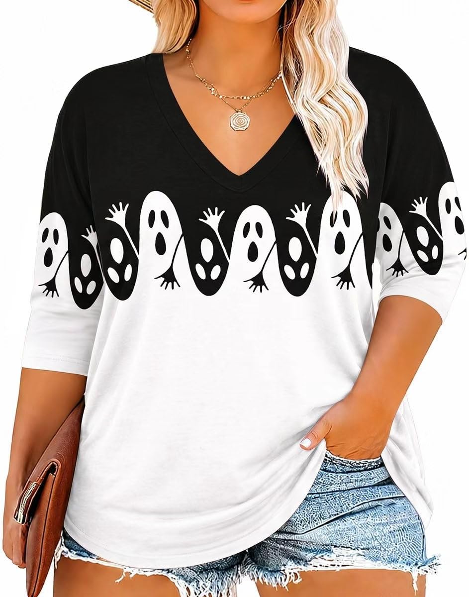 Pryderi Women's V-Neckline Top – 3/4 Sleeves, Printed Design & Relaxed Plus-Size Fit