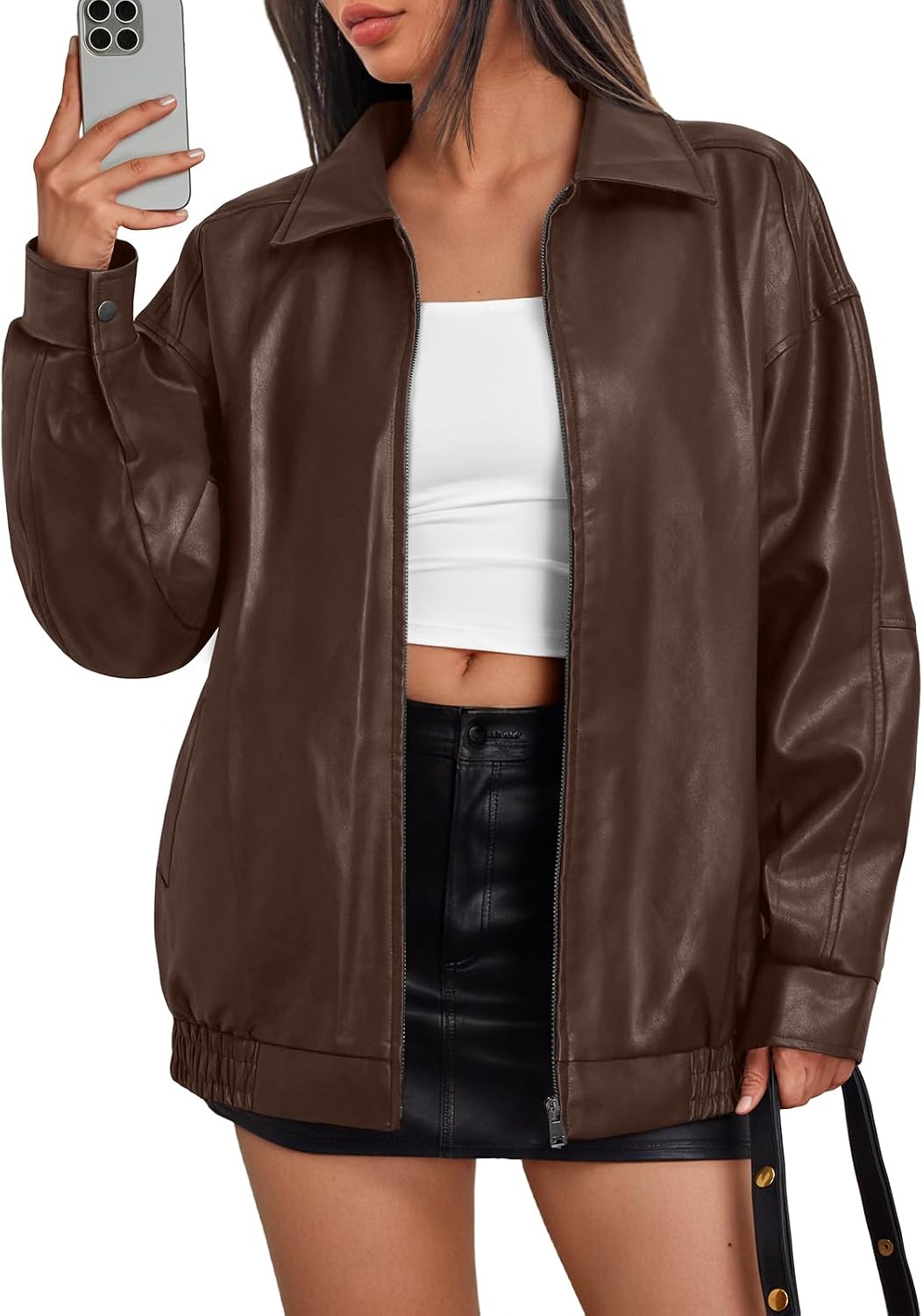 Quinlan Women's Vegan Leather Bomber Jacket – Oversized Boyfriend Fit & Zip-Up Front