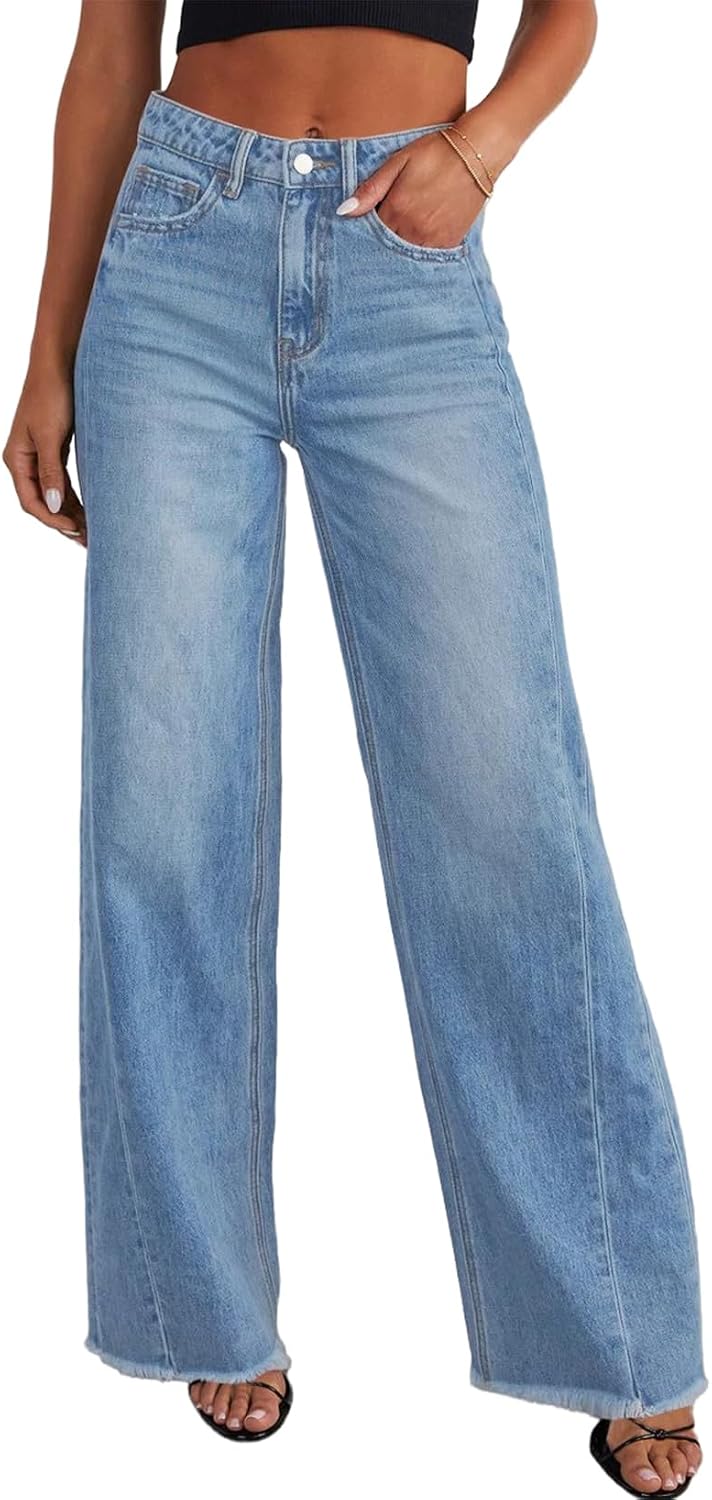 Orabelle Women's Wide-Leg Jeans – High-Rise Waist, Raw Hem & Five-Pocket Design