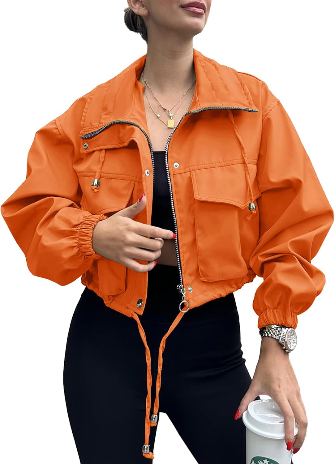 Florence Women's Cropped Utility Jacket – Zip Front Drawstring Waist & Flap Pockets