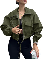 Florence Women's Cropped Utility Jacket – Zip Front Drawstring Waist & Flap Pockets