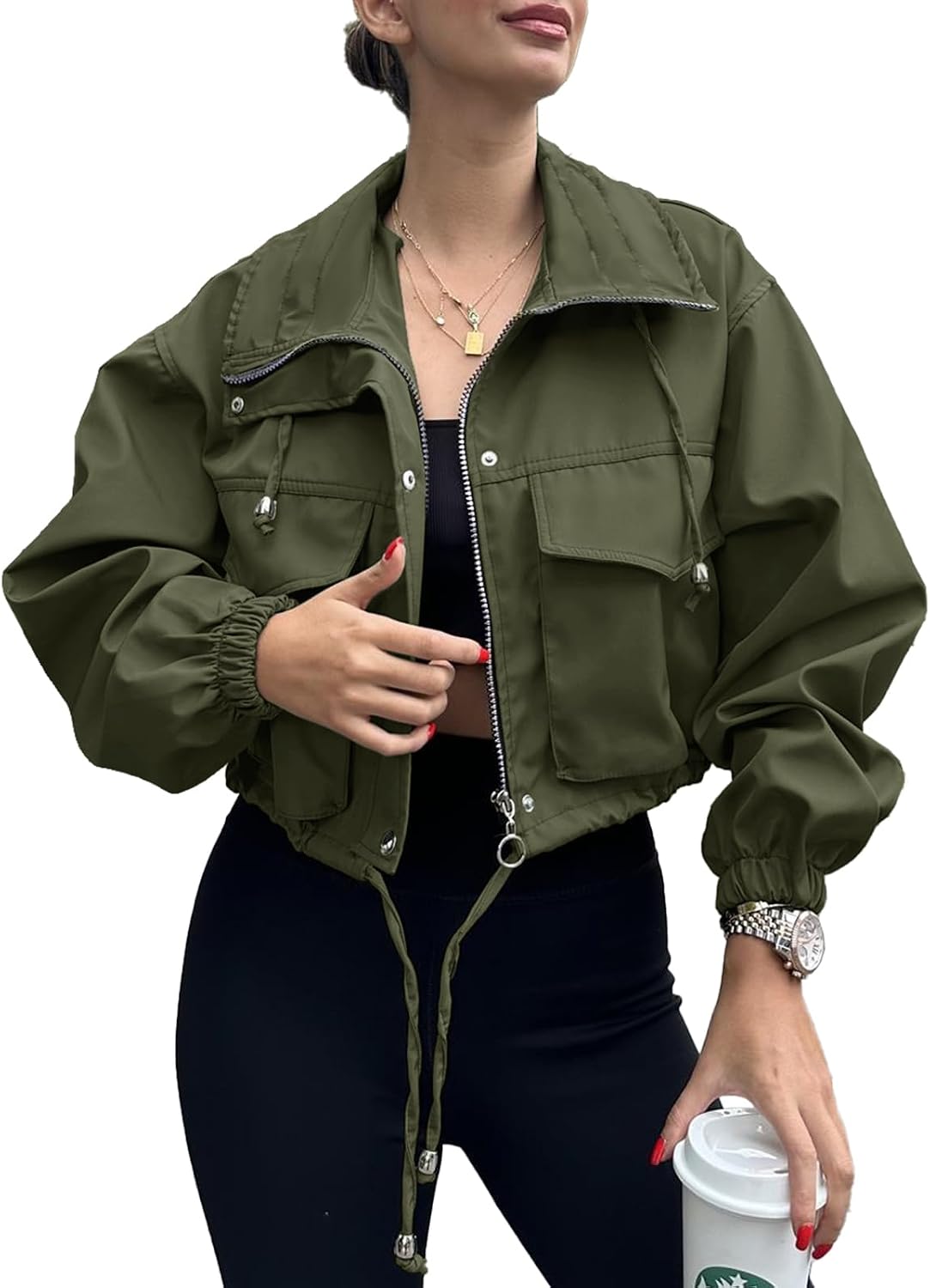 Florence Women's Cropped Utility Jacket – Zip Front Drawstring Waist & Flap Pockets