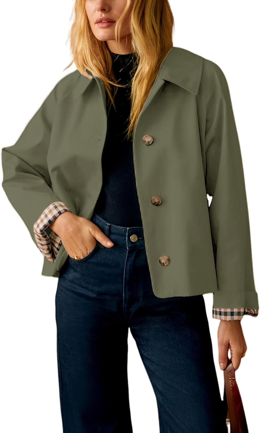 Callum Women's Cropped Trench Jacket – Roomy Fit, Notched Lapel & Plaid Lining