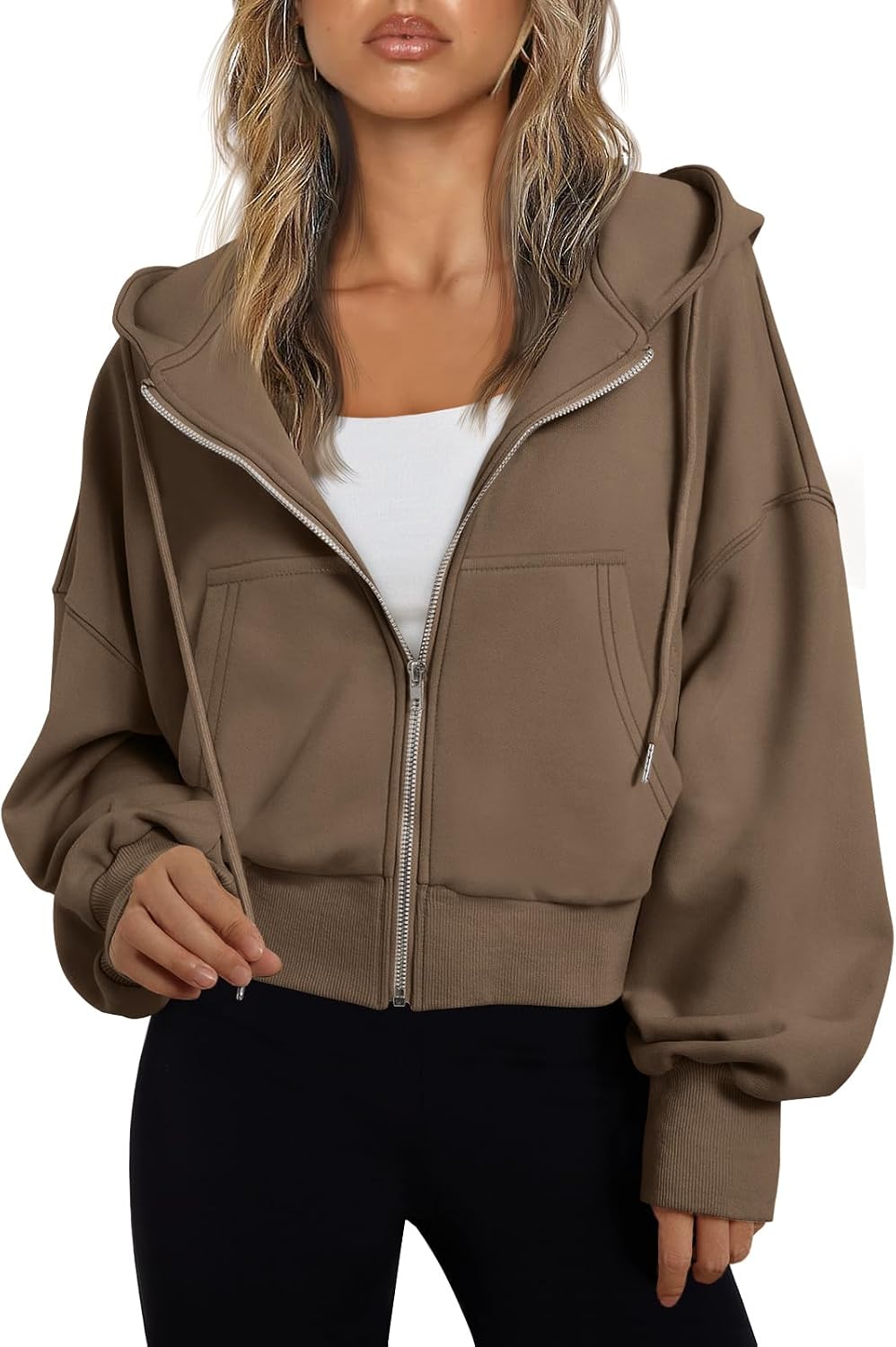 Valko Women's Cropped Zip-Up Hoodie – Dropped-Shoulder Design, Drawstring Hood & Handy Pockets