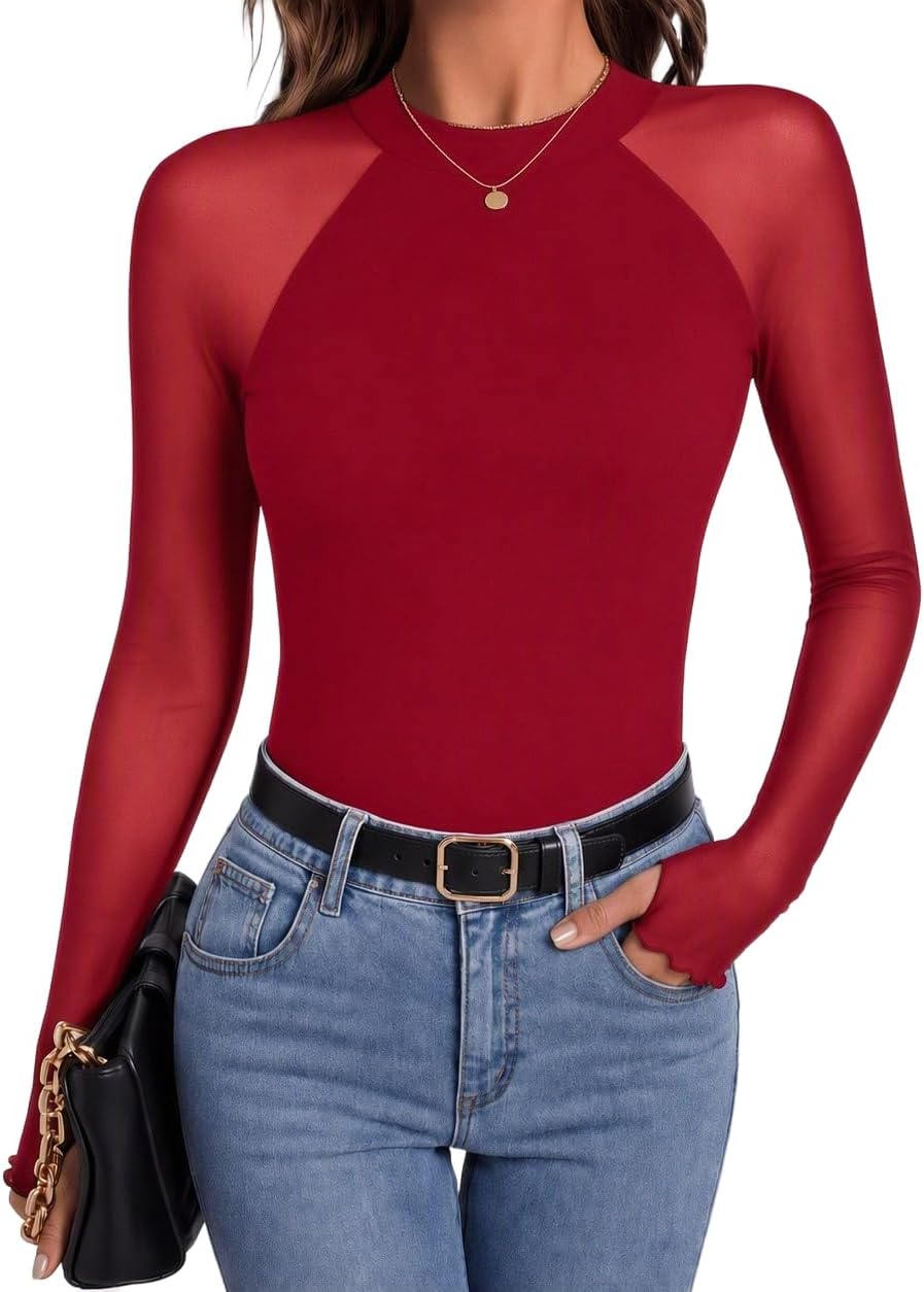 Vianne Women's Floral Mesh Top – Mock Neck, Sheer Raglan Sleeves & Double-Lined Body