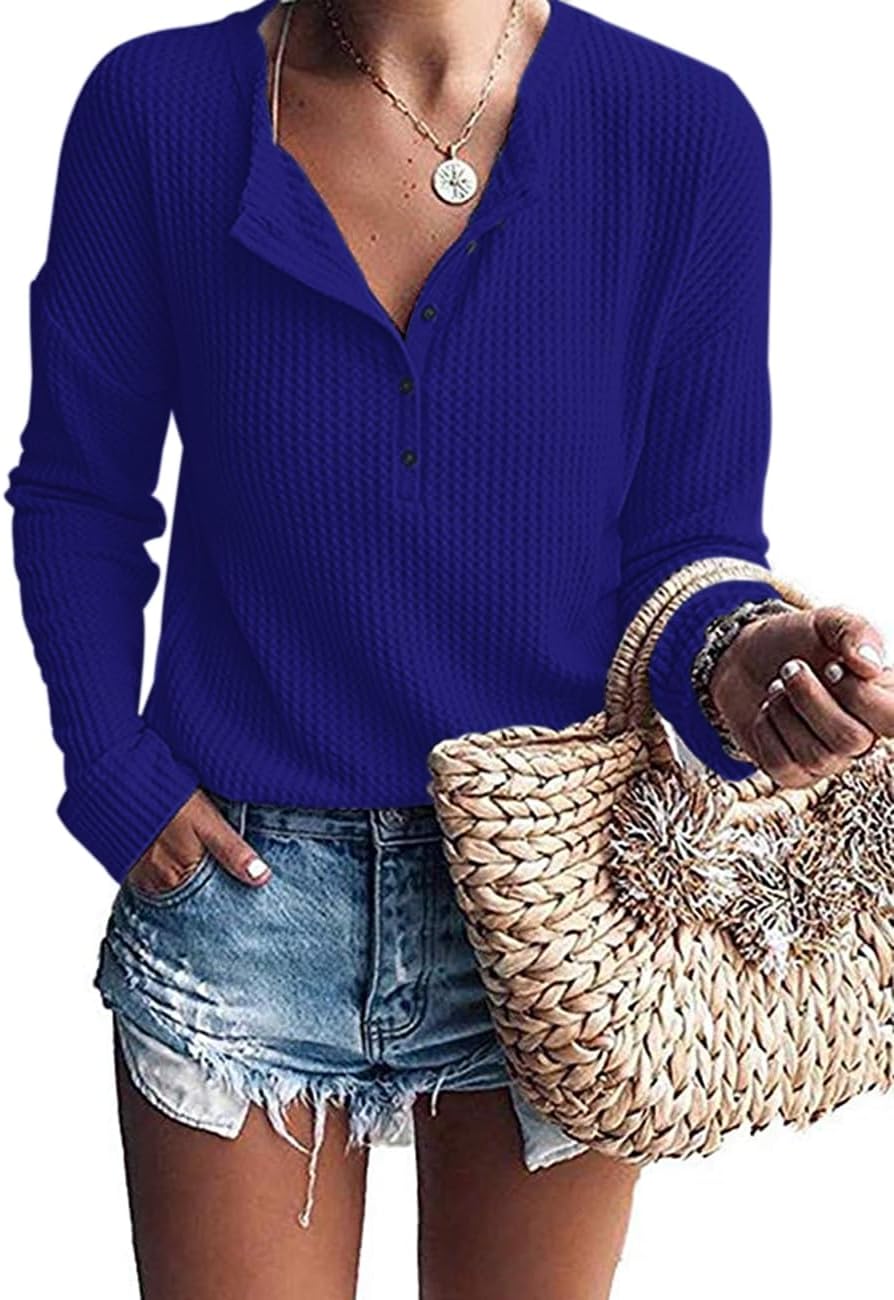 Tullia Women's Waffle Knit Henley Top – V-Neckline, Dolman Sleeves & Comfortable Fit