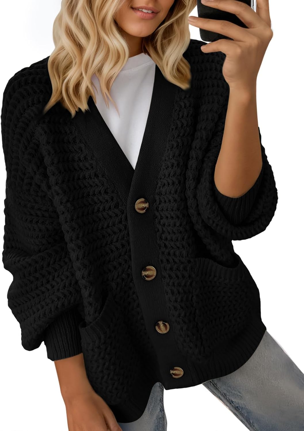 Adeline Women's Cable Knit Cardigan – V-Neck Open Front Long Sleeve Relaxed Fit