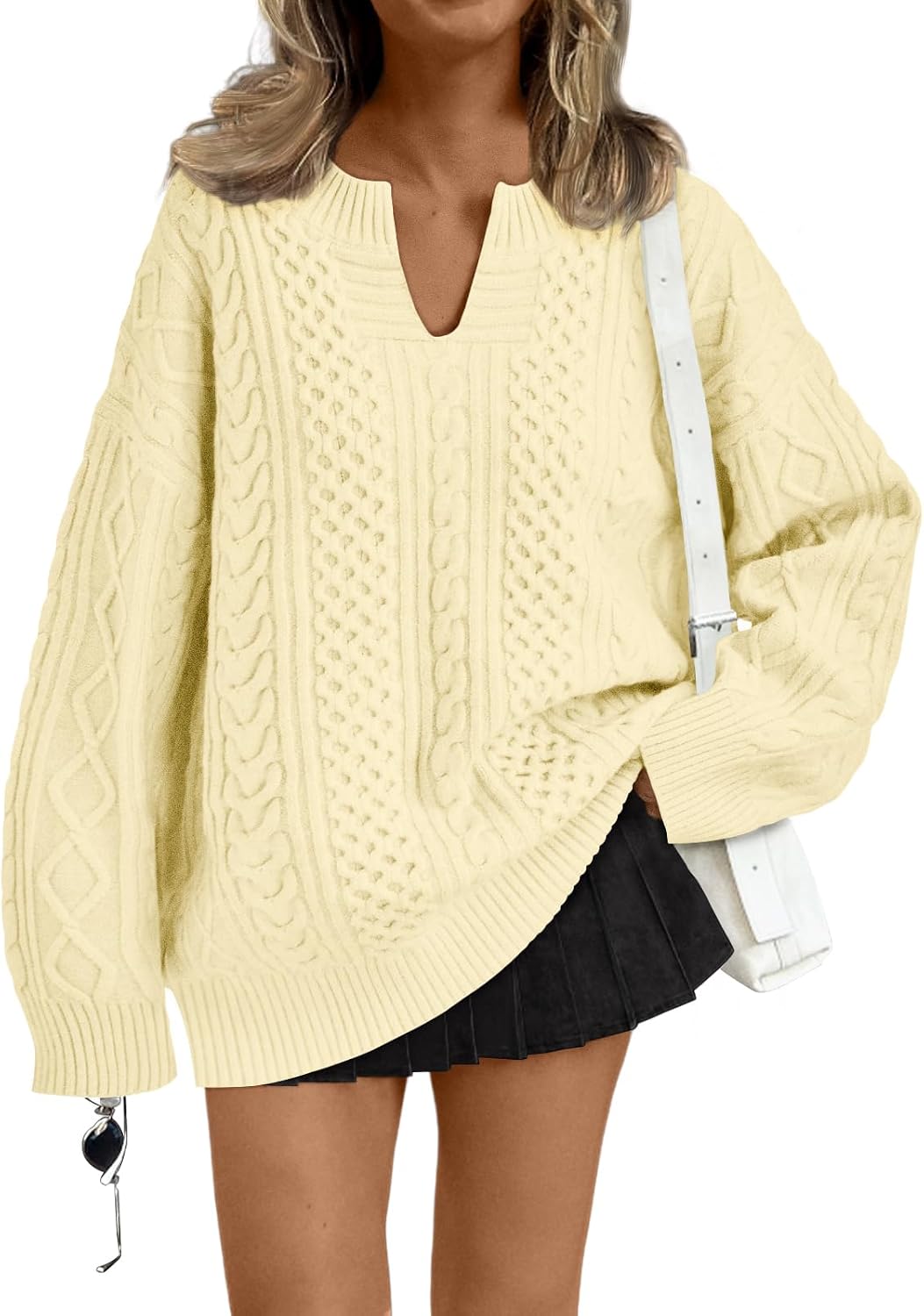 Draycen Women's Cable Knit V-Neckline Sweater – Dropped-Shoulder Design, Ribbed Detailing & Easy Fit