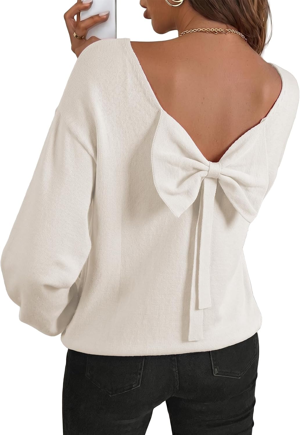 Aldric Women's Back Bow Knit Sweater – Open Back, Balloon Sleeves & Comfortable Fit