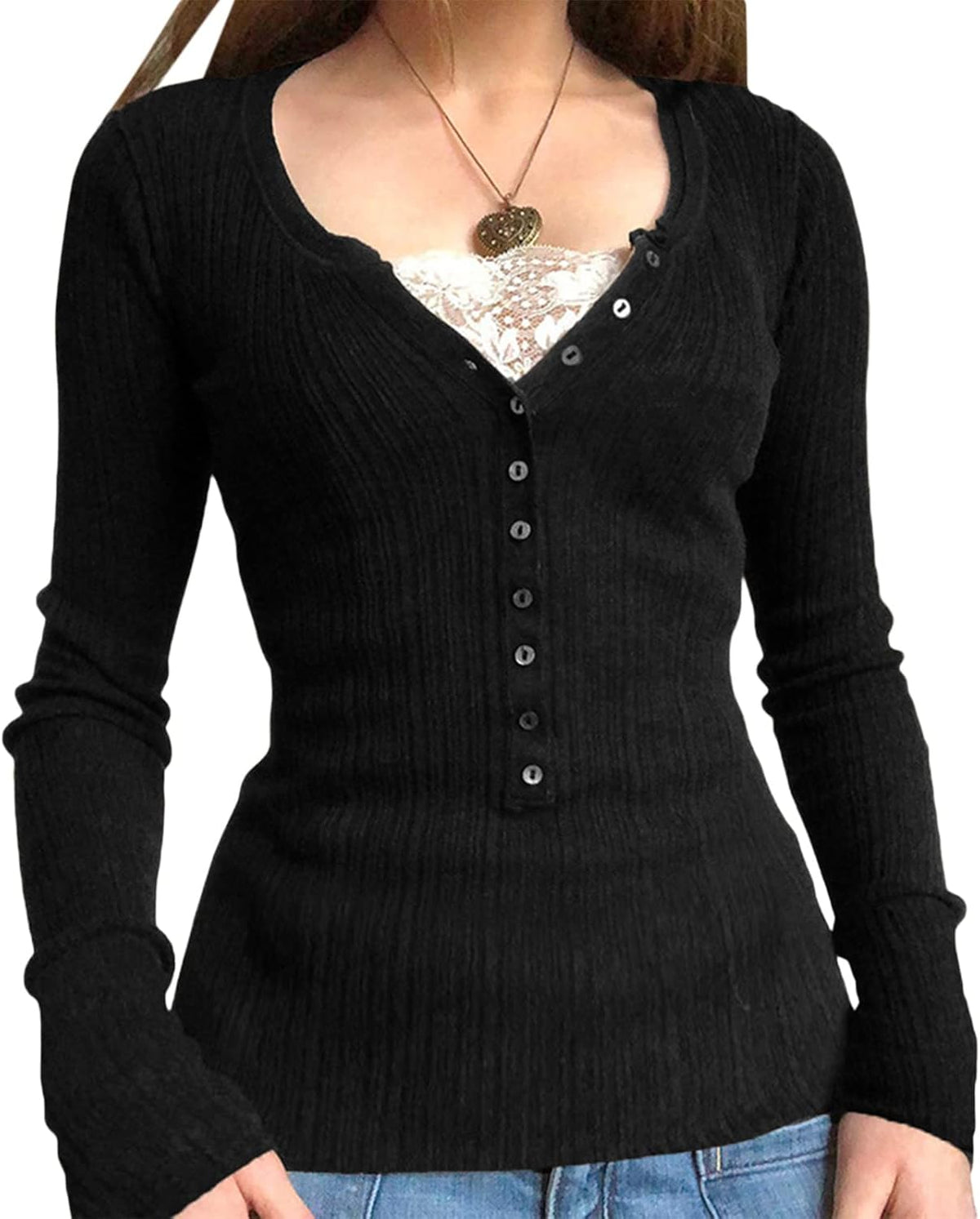 Marisol Women's Lace V-Neckline Top – Half Button-Up Front, Full-Length Sleeves & Fitted Silhouette