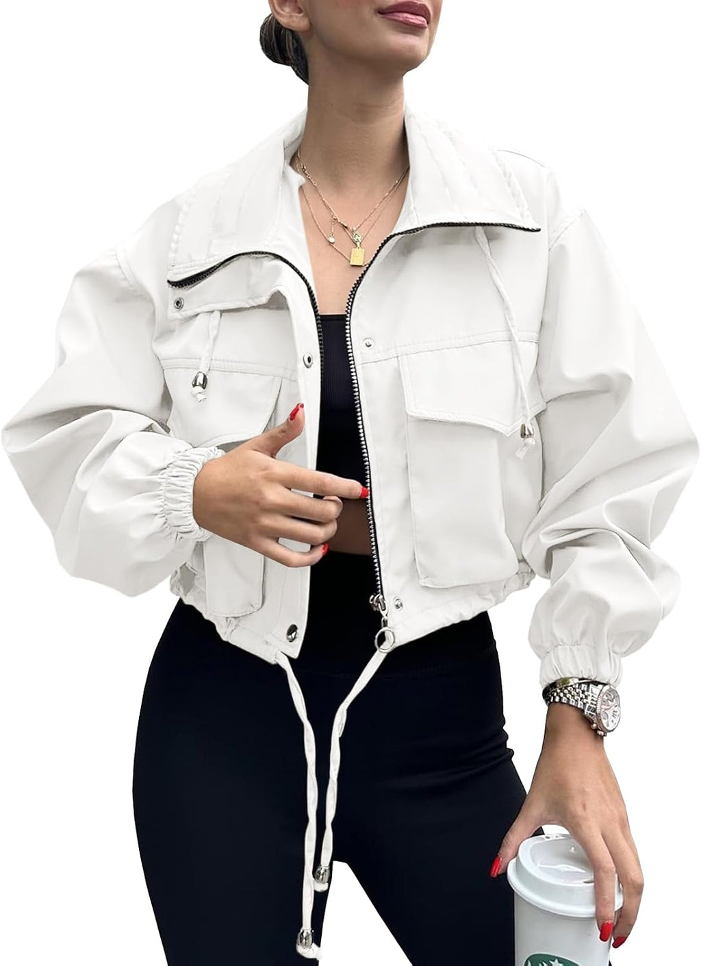 Florence Women's Cropped Utility Jacket – Zip Front Drawstring Waist & Flap Pockets