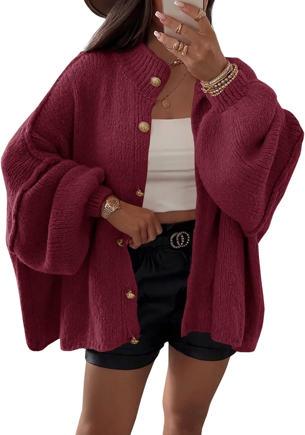 Bexley Women's Oversized Cardigan – Balloon Sleeves, Ribbed Knit Fabric & Button-Up Front