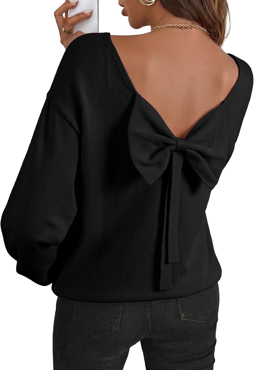 Aldric Women's Back Bow Knit Sweater – Open Back, Balloon Sleeves & Comfortable Fit