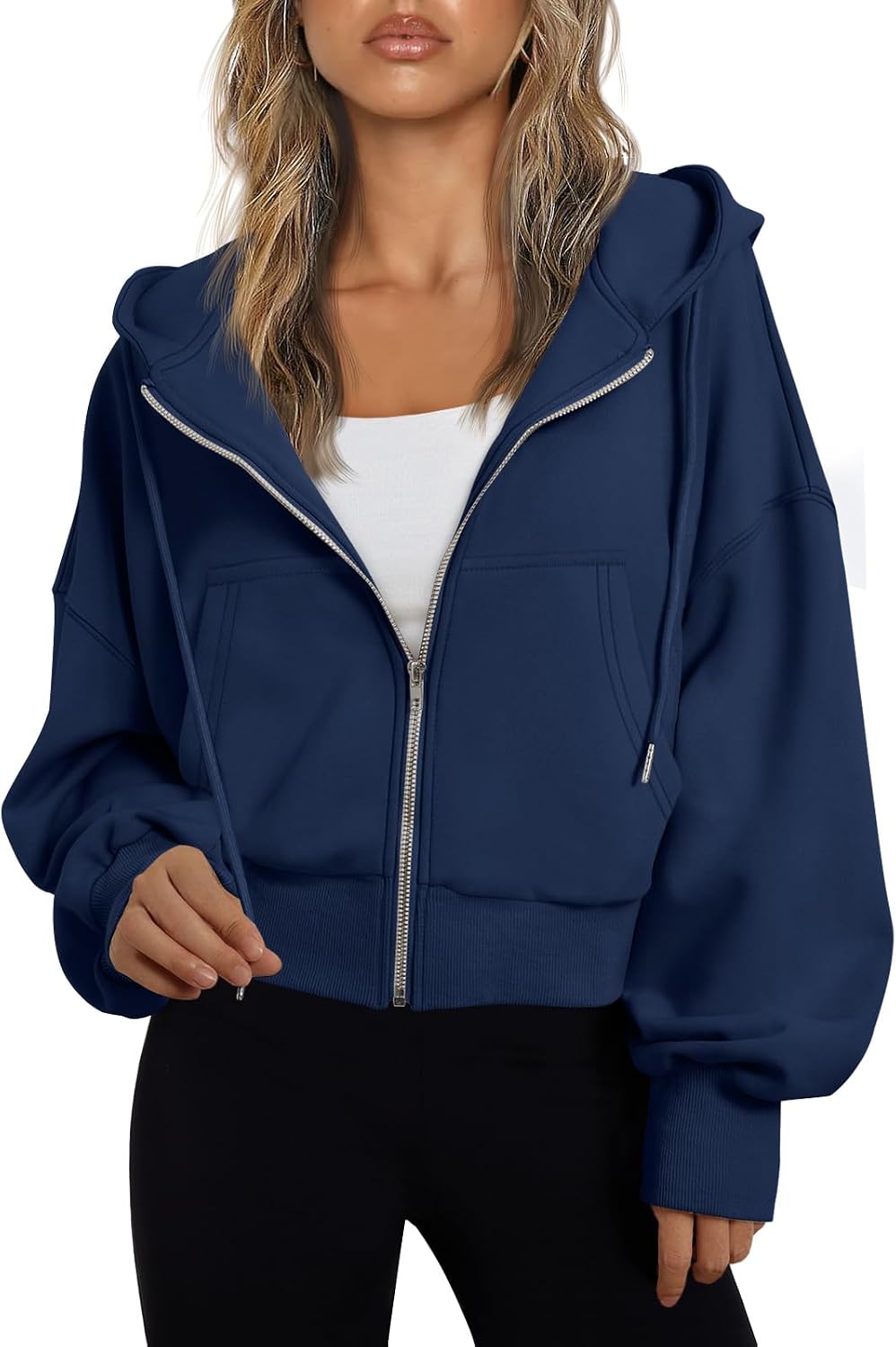 Valko Women's Cropped Zip-Up Hoodie – Dropped-Shoulder Design, Drawstring Hood & Handy Pockets